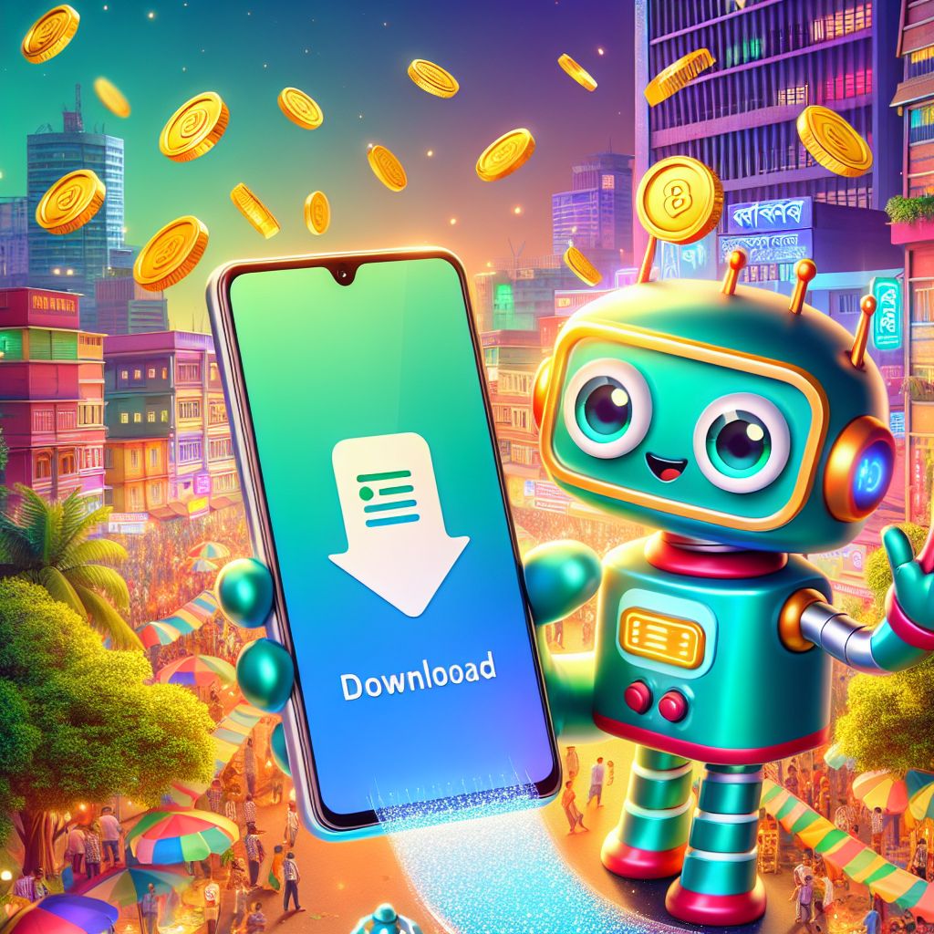 Taka55 themed cartoon character holding a smartphone with an APK download screen and Bangladeshi city backdrop