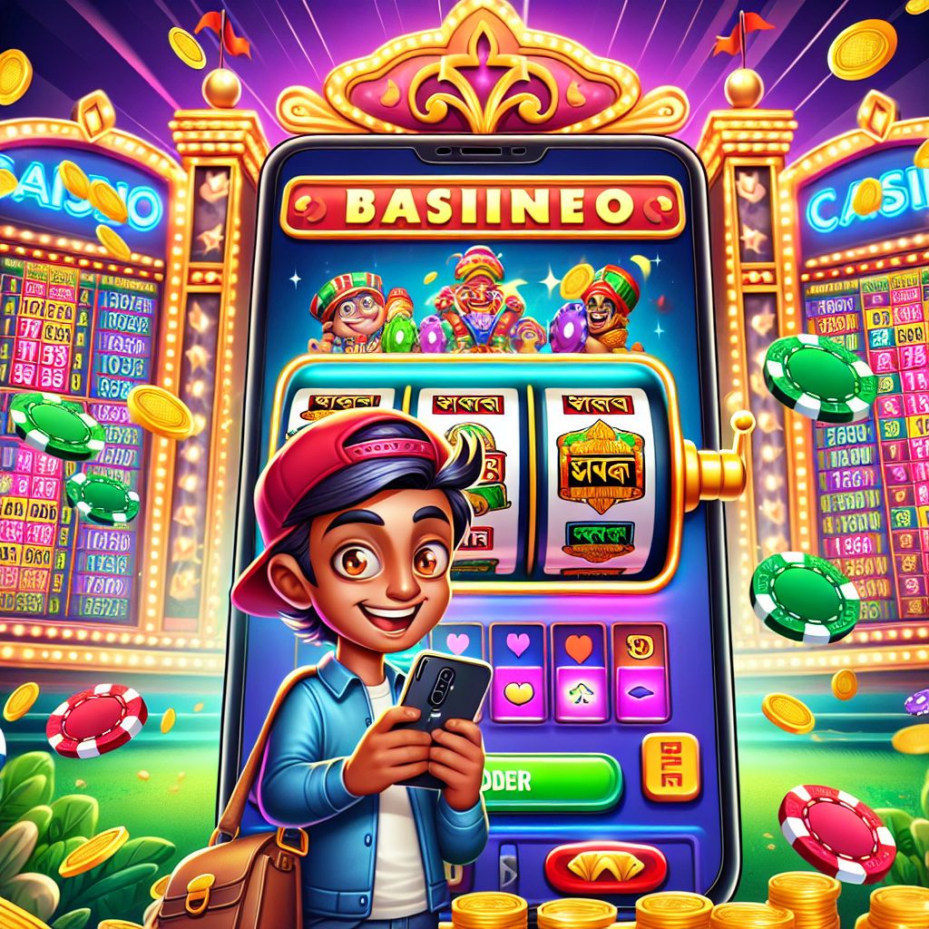 Taka55 casino cartoon character holding chips and a phone with slot reels and coins