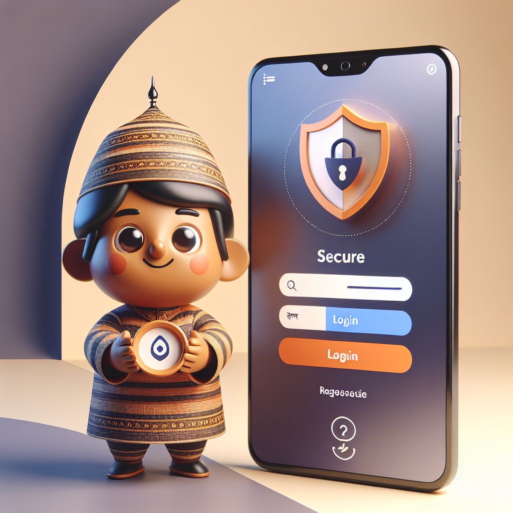Cartoon character holding a phone with a secure login screen and a shield icon